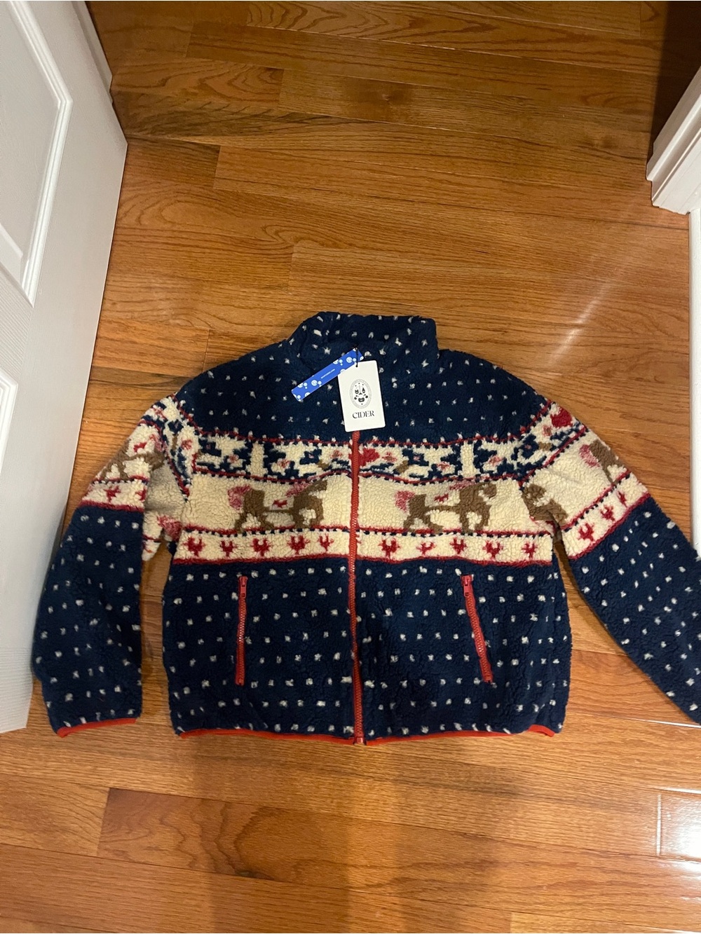 Cider Fleece Holiday Horse Sherpa Navy Red Zip Jacket Medium NEW